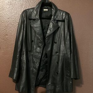 Esprit de corp. Black Leather Double-Breasted Trench Coat